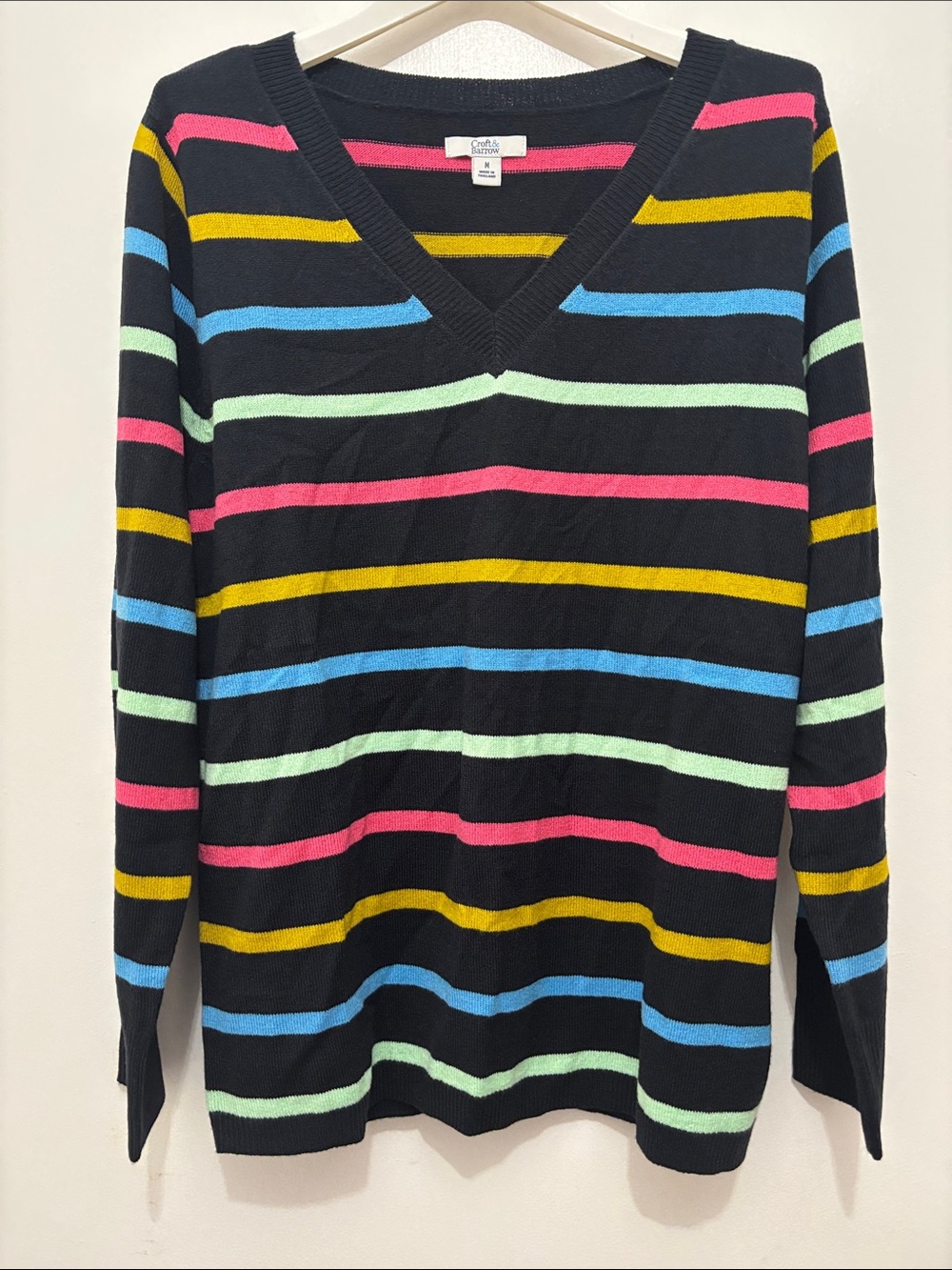 croft & barrow Black V-Neck Sweater with Pink, Yellow, Blue and Mint Stripes SzM